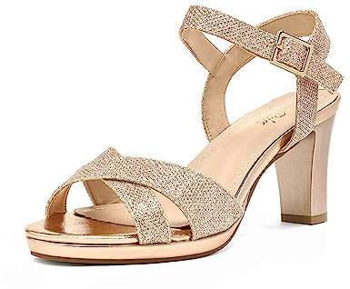 DREAM PAIRS Women’s Open Toe Ankle Strap Sparkly Strappy Chunky Heel Pump Sandals,Size 5,CHAMPAGNE/GLITTER,ICE-1