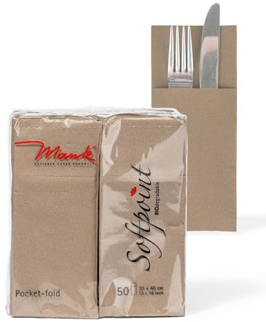 Mank Besteckservietten aus Softpoint | Pub Bestecktaschen | 40 cm x 33 cm 1/8 Falz | mit Besteckschlitz für Gastronomie und Feiern | 50 Stück | (Beige Grey)