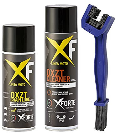 XFORTE - Kit Manutenzione Catena Moto - 1 Pulitore Spray 500ml + 1 Grasso Catena Moto Trasparente Sintetico Alte Prestazioni Spray 400ml + Una Spazzola per la Pulizia della Catena della Moto