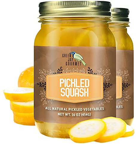 Green Jay Gourmet Pickled Squash in a Jar - Fresh Hand Jarred Vegetables for Cooking & Pantry – Home Grown Pre-Prepared Pickled Squash – Simple Natural Ingredients -2 x 16 Ounce Jars
