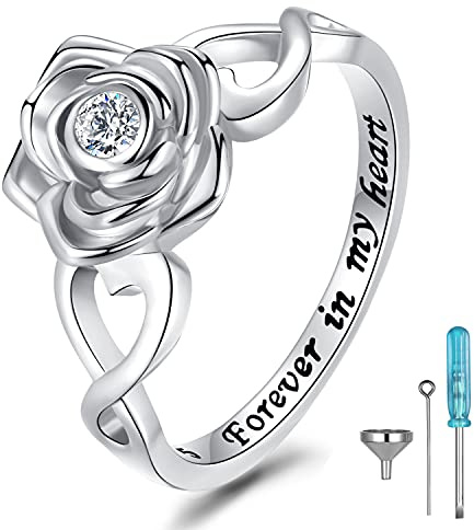 Gravring i 925 sterlingsilver med rosmönster för dina nära och kära aska, souvenirsmycken för kvinnor och mamma, storlek 4 UK (kubiska zirkonium)