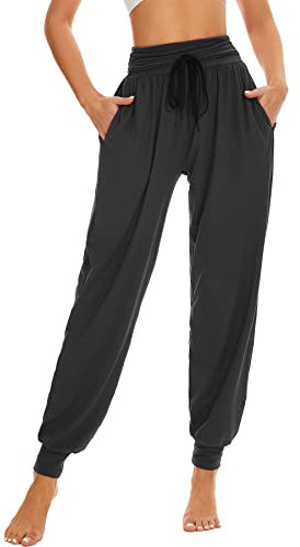 HAPYWER Haremshose Damen Lang für Sport Workout-Yogahose Stoffhose Jogginghose Sommerhose Leicht Strandhose Luftige Lockere Bequem mit Groß Taschen-S-XXL