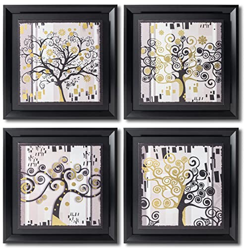 DekoArte - Quadri Moderni Soggiorno L'ALBERO DELLA VITA IN ORO NERO 30x30 cm x4 pezzi - Set di Quadri con Cornice Nero