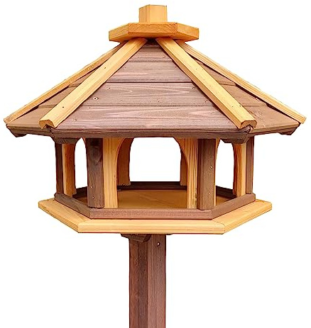 Mangeoire pour oiseaux avec support en bois, résistante aux intempéries, mangeoire pour oiseaux sauvages, à poser dans le jardin, balcon (Marron + Jaune)