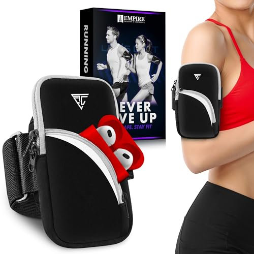 Empire Running Phone Holder with Zipper Pockets - Sports Running Arm Phone Holder for Exercise and Workout - Universal Phone Armband for iPhone 14/13/12 Pro Max, Samsung S22/S21/S20 Ultra up to 6.9