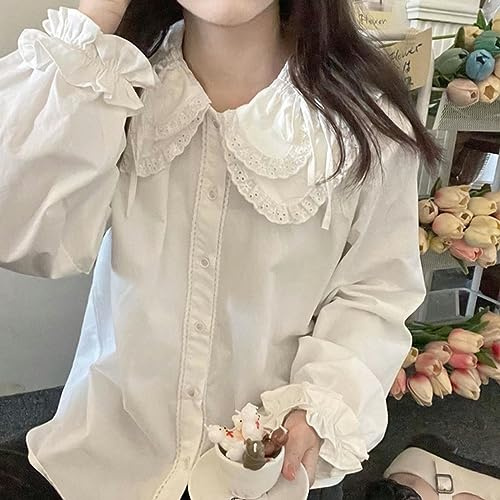 WSZJLN Kawaii Chemise en Dentelle Blanche Blouses à Col Claudine avec Manches Luxuriantes Automne 2021 Style Lolita Preppy Coréen Boutonné Hauts Mignons-Blanc-M