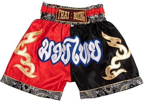 MUAY NATION Pantalones Cortos de Muay Thai para Niños (2 Años - 12 Años) Niñas Niños Pantalones de Boxeo para Kickboxing MMA Artes Marciales (FR/ES, Edad, 9 años, 12 años, Regular, Rojo/Negro)