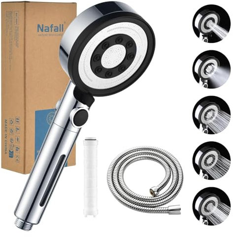 Nafall Doccino per Doccia con Tubo - Soffione Doccia Anticalcare Alta Pressione con 150cm Tubo Flessibile, Shower Head con 5 Modalità e Funzione di Arresto, Cromato (senza Staffa)
