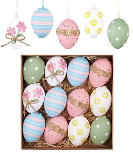 Valery Madelyn 12er Ostereier zum Aufhängen für Osterdeko,6cm Bunte Plastikeier für Ostern Deko,Rosa Blau Ornament für Osterkörbchen Frühlingsdeko,Ostern Geschenke Kinder