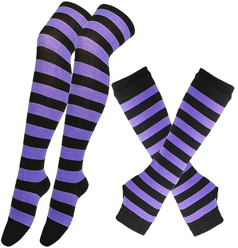 Calze al ginocchio a righe sopra il ginocchio con scaldamuscoli da donna a strisce lunghe a maniche lunghe calde e gambe alte calze senza dita, set di calzini alti per donne ragazze e feste,
