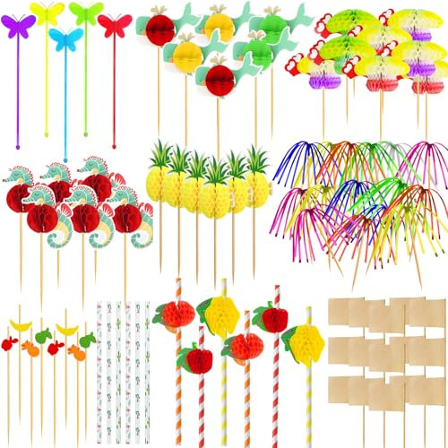 Nadinsta 153 Piezas Decoración de Cócteles, Cócteles palillos Accesorios, Sombrillas de Cóctel, Palos de Fuegos Artificiales, Reutilizables Palos Agitadores, Pajitas para Fiestas de Verano, Bar