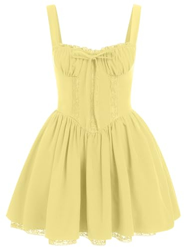 OBEEII Women's Floral Corset Mini Dress Square Neck Spaghetti Strap Summer Boho Sundress Floral Print Lace Up Fitted Dress Yellow S