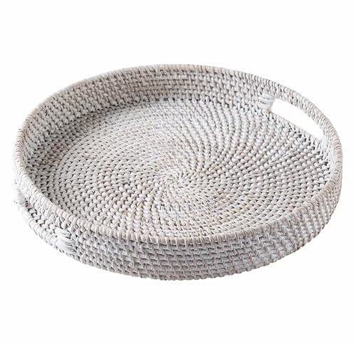 Jungle Culture Plateau de Service en rotin 30cm • Plateaux de Service tissés avec poignées pour la Maison • Plateau Rond pour Table Basse • Panier de Service en Osier pour Le Pain, Les Fruits • Blanc