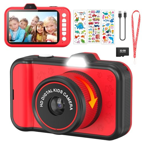 Kinderkamera, ULEWAY 3,5 Großes Display Kinder Kamera mit 360° Rotierendes Zoomobjektiv, Selfies, LED-Blitz, 1080P Fotoapparat Digitalkamera Kinders mit 32G Karte, Spielzeug Geschenke für Kinder 3-12