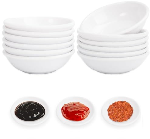 Rairsky 12 Pieces Round Soy Sauce Dish, 7.2 x 2 Cm Spice Bowls, Dip Bowls for Sushi, Spice Jars Seasoning Box Set, Reusable Mini Bowls Soy Sauce Dish for Snacks, Condiments, Side Dishes (White)