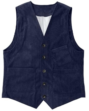 Gilet en velours côtelé pour homme - Col en V - Sans manches - Simple boutonnage avec poches - Style rétro - Couleur unie - Veste texturée pour, bleu marine, XXX-Large