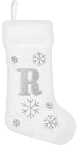 SULOLI 20 Inches Monogram Christmas Stockings with Letters,Super Soft Plush Christmas Stockings Large Embroidered Stockings White Snowflake Letter Stockings for Christmas Holiday Xmas Gift(R)