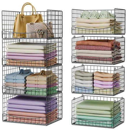 JKsmart 4-Tier Stackable Closet Organizers and Storage Shelves, Extend Clothing Closet Shelf Bins for Jeans Pants Sweaters - Wardrobe Cupboard Clothes Organizer System-Wider Mouth Design