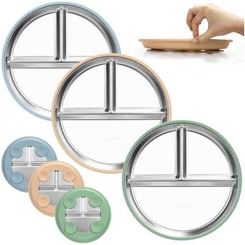MOJINL 3 piatti per bambini in acciaio inox con ventosa in silicone, piatti per bambini con ventosa, antiscivolo, con suddivisione, lavabili in lavastoviglie e senza BPA
