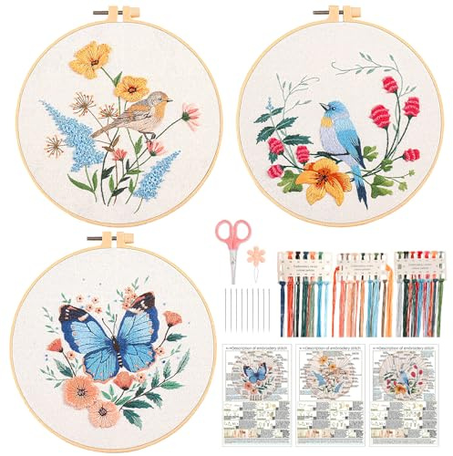 JSRQT 3 Set Kit da Ricamo per Artigianato, Kit Completo Ricamo per Principianti Adulti con Motivi Farfalla e Uccello, Punto Croce Stampato Floreale per Smanti del Cucito, con Telaio e Istruzioni