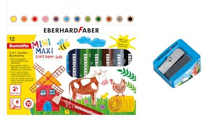 EBERHARD FABER 599052 - Set di matite colorate Jumbo Mini Maxi 3in1 incl. temperino, 12 matite Jumbo, matite a cera, matite acquerellabili, matite colorate