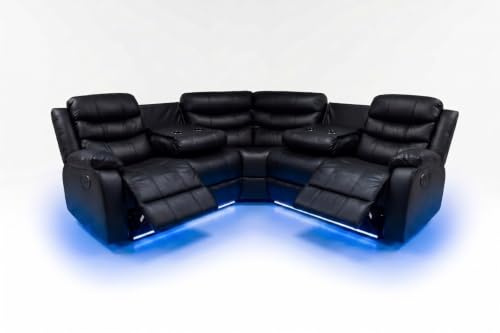 Madrid Leather Electric Recliner Sofa With Cupholders - Leather Sofa - 3+2 Seater - USB Charging Ports - LED Lights (Black, Corner)