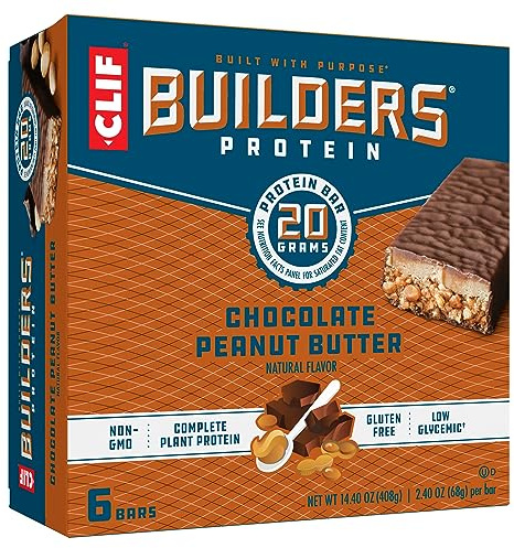 CLIF BUILDERS Protein Bars - Chocolate Peanut Butter Flavor - 20g Plant Based Protein - Gluten Free - Non-GMO - Low Glycemic - No Artificial Sweeteners - 2.4 oz. (6 Pack)