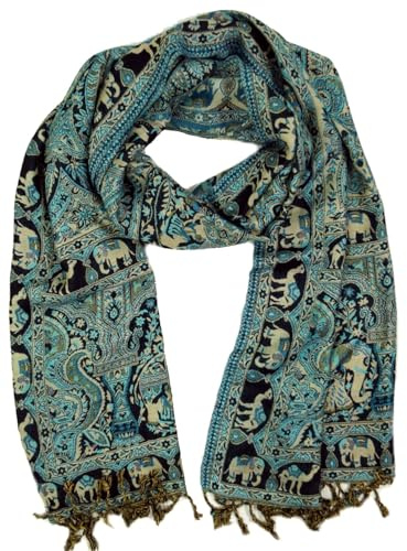 GURU SHOP Indischer Pashmina Schal, Schultertuch, Boho Stola mit Paisley Muster - Türkis, Herren/Damen, Synthetisch