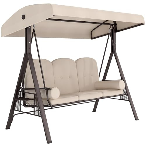 Outsunny Balancín de Jardín Exterior de 3 Plazas Columpio de Jardín Exterior con Toldo Curvo 2 Bandejas Laterales y 2 Almohadas de Brazo para Balcón Terraza Patio Carga 360 kg 207x120,5x174 cm Beige