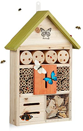 Relaxdays Insektenhotel Butterfly, Nistkasten für Bienen, Schmetterlinge, für Balkon, HxBxT: 41,5 x 27,5 x 8,5 cm, grün