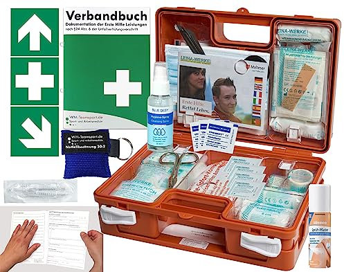 Verbandskoffer/Verbandskasten (K) Typ CSN -Paket 1- Erste Hilfe nach aktueller DIN 13157 für Betriebe -DSGVO- INKL. PERF. VERBANDBUCH + Hygiene-Gel, Notfallbeatmung & Sprühpflaster + AUFKLEBER