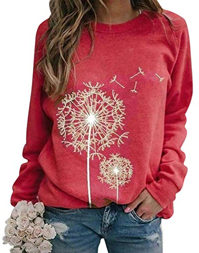 LAEMILIA kvinnors casual tröja utan huva sport tröja rund hals långärmad original pullover casual topp tröja tröja topp tröja tryck bekvämt mönster mode, Färg: röd, 44