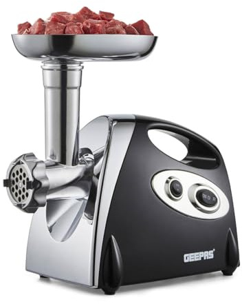 Geepas Electric Meat Grinder 1800W – Stainless Steel Meat Mincer & Sausage Stuffer, Food Grinding Mincing Machine with Kibbe – 3 Different Cutting Plates, Reverse Function, Plastic Housing (Black)