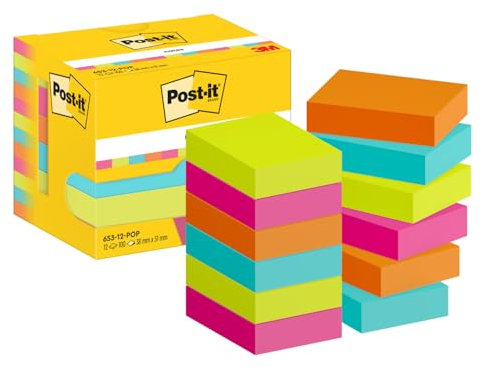 Post-it Notes Poptimistic Collection, Packung mit 12 Blöcken, 100 Blatt pro Block, 38 mm x 51 mm, Pink, Grün, Blau, Orange - Selbstklebende Notizzettel für Notizen, To-Do-Listen und Erinnerungen