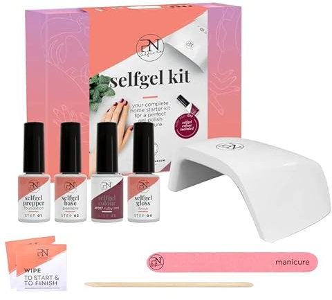 PN Selfcare Kit de démarrage de vernis gel avec lampe LED rouge vernis gel cadeau de Saint-Valentin pour cheveux lingettes à ongles & lime à ongles Prepper Base & Gloss Self Gel Polish Kit
