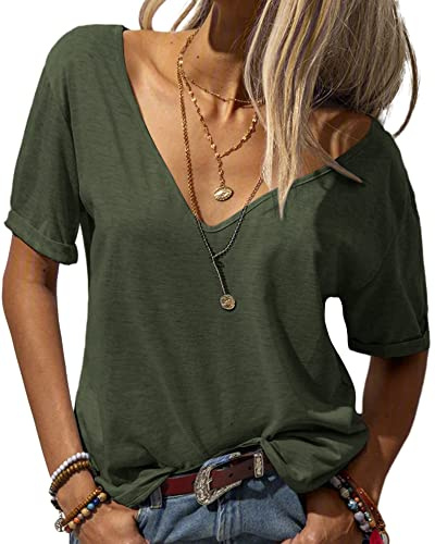 Tankaneo T-shirt d'été basique pour femme - Col en V profond - Manches courtes - Solide - Décontracté | Oversize, manches courtes, décontracté, été, basique, uni, sexy, haut
