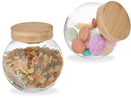 Relaxdays Bonbonglas mit Bambusdeckel, 2er Set, Vorratsgläser Süßigkeiten, Candy Bar Zubehör, 1,5 l, transparent/Natur