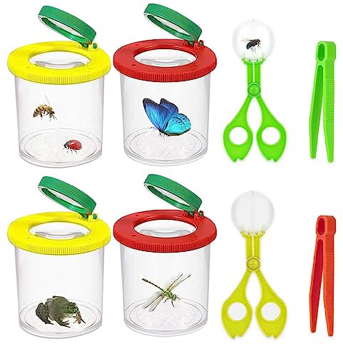 Udbrud Becherlupe Set, 4 Stück Insekten Beobachtungsbox mit 2 Insektenfänger Scherenzange und 2 Plastik Pinzette Insekten Viewer Insekten Viewer für Kinder Outdoor Wissenschaft Natur Erkundun