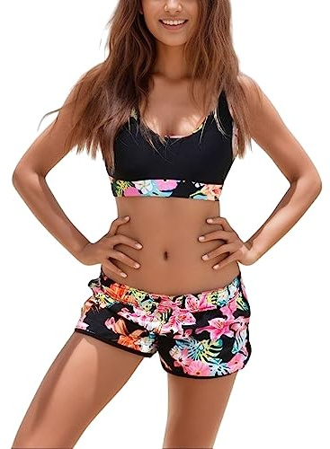 Kielsjajd Bikini Damen Sport Push Up Oberteil Polster Badeanzug Zweiteiler Frauen Shorts Bikini Set Pads Strand Schwimmen 2 Teilig Damen Tankini Set zweiteilig Bauchweg mit Hot Pants (D-023, M)