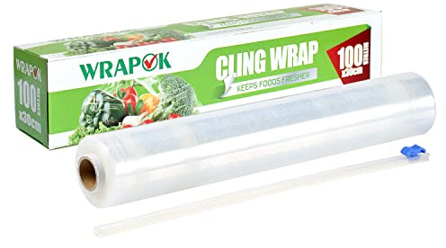 WRAPOK Distributore di Pellicola Trasparente Rotolo, in Plastica per Catering e Taglierina, per Cucina, 300 mm x 100 m