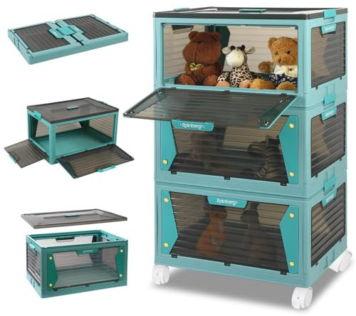 Rainberg Large Storage Boxes with Lids, Strong & Sturdy Plastic Storage Boxes, Stackable Nestable Container for Home & Office use. (Blue & Grey, 3 Tier 150L Storage)