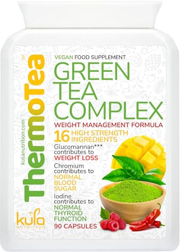 ThermoTea - Thermogenic Green Tea Complex for Weight Management with Glucomannan Konjac Soluble Fibre, Raspberry Ketones, African Mango, Chilli, L-Tyrosine, Vitamin B6 and Chromium - 90 Vegan Capsules