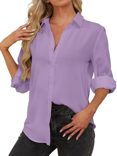 SPRING SEAON Womens Blouse and Shirts Long Sleeve Button Down Shirts Chiffon Collared V-Neck Loose Pleated Office Casual Business Work Tops Purple
