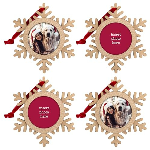 Shot2go Confezione da 4 palline di Natale in legno a forma di fiocco di neve, ognuna contiene una foto da 58 mm