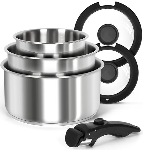 Michelangelo Stainless Steel 6-Pcs Saucepan Set with Lids and Detachable Handle, Triply Base, Induction Compatible - Black
