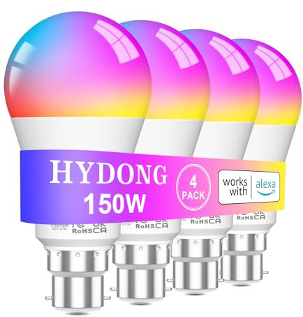 HYDONG Smart Light Bulb 15W Color Changing Compatible With Alexa, B22 Bayonet Bluetooth LED Lights, Tunable 2700K-6000K for Bedroom, Living Room (4 Pack)
