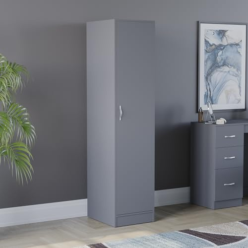 Vida Designs Riano 1 Door Wardrobe | Grey | Bedroom Furniture | 170H x 40W x 53D cm | with Shelf & Hanging Rail | Large Capacity Storage
