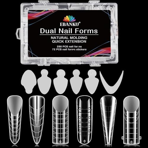 EBANKU Dual Forms System 288PCS Clear Full Cover Mold Tips 72PCS Forms Stickers for Nail Art Salon Design (6 Styles)