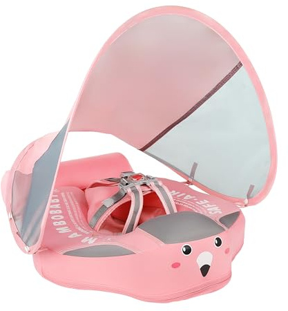 Mambobaby Non-Inflatable Baby Pool Float with Tail and Canopy UPF 50+ Sun Protection No Flip Over Infant Swim Float Skin-Friendly Mambo Float Swim Trainer Solid Baby Swimming Ring
