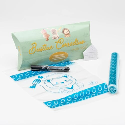 MELLA KIDS - Bustine Corredino Neonato Ospedale Grandi (Kit da 6) Sacchetti Cambio Neonato Ospedale, Asilo Nido, Accessorio Lista Nascita Bebè, Trasparenti con Etichette e Pennarello (Azzurro)